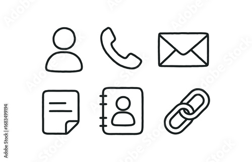 hand drawn cute doodle style line isolated on white background: contact phone icon mail sign card sheet address book lines