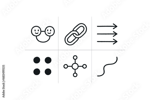 hand drawn cute doodle style line isolated on white background: connection chain links flow arrows circle dots hub icon path line
