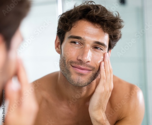 A man examines his face in a bathroom mirror, focused on skincare routine and self-care.