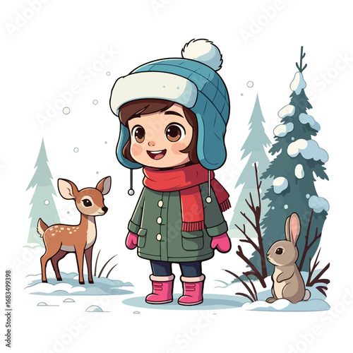 A joyful little girl and her dog celebrate the winter holiday with a funny snowman illustration