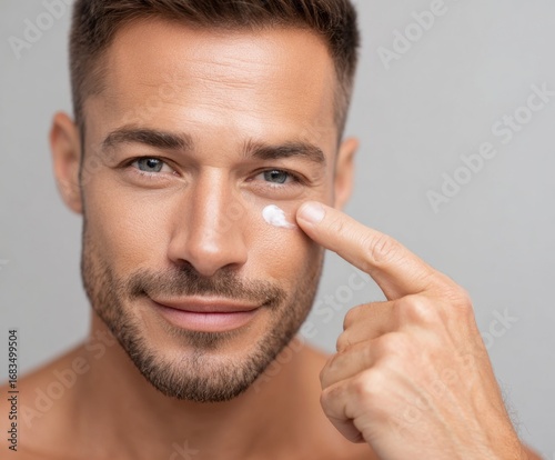 Close-up of a man applying facial cream to his eye area, showcasing a gentle and caring skincare routine.