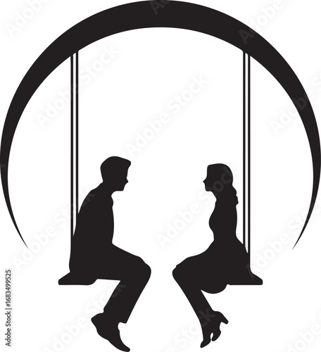 Romantic Swinging Couple on Crescent Silhouette