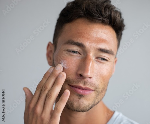 Close-up of a man applying facial cream to his cheek, showcasing a neutral and light-toned complexion.