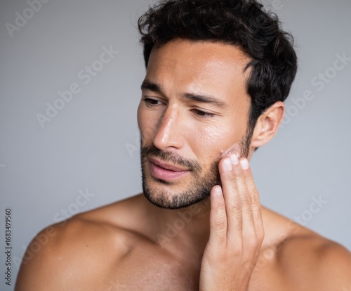 A man applies skincare product to his cheek, showcasing a close-up view of facial care.