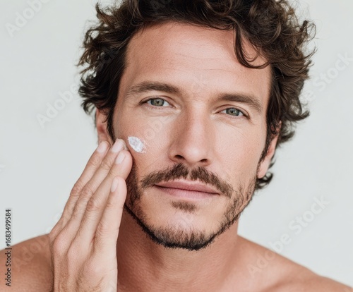 Close-up portrait of a man applying facial cream to his cheek, showcasing a refined and healthy complexion.
