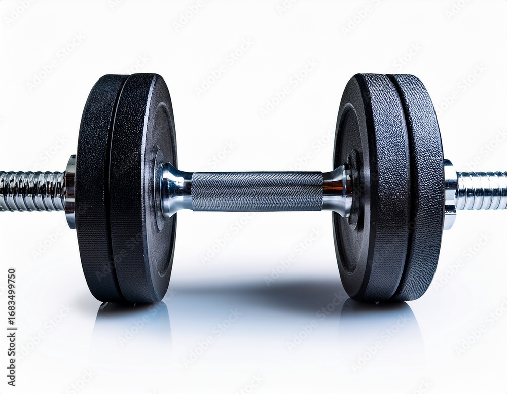 Naklejka premium a single adjustable dumbbell with textured black weight plates and a chrome handle designed for strength training and fitness workouts