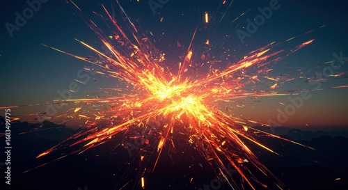 A vibrant explosion of fiery sparks radiating outward against a backdrop of twilight mountains.