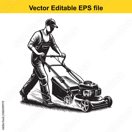 Man mowing lawn with a push mower, isolated on white background