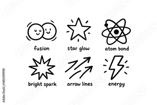 hand drawn cute doodle style line isolated on white background: fusion glow atom bond bright spark arrow lines energy