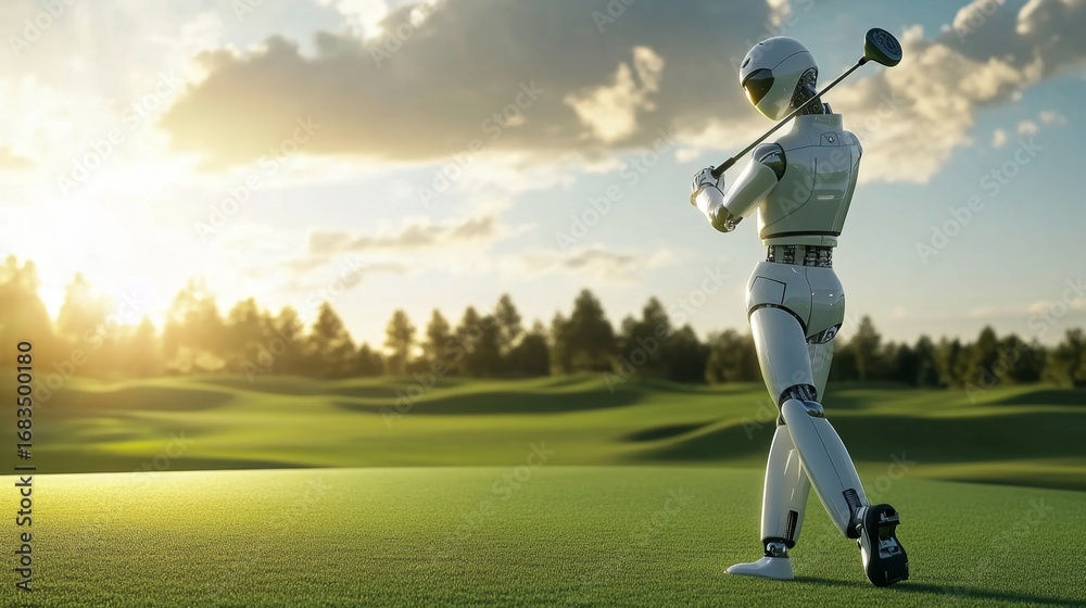 Fototapeta premium Golf robot executing perfect swing on green course sports photography dynamic landscape futuristic concept