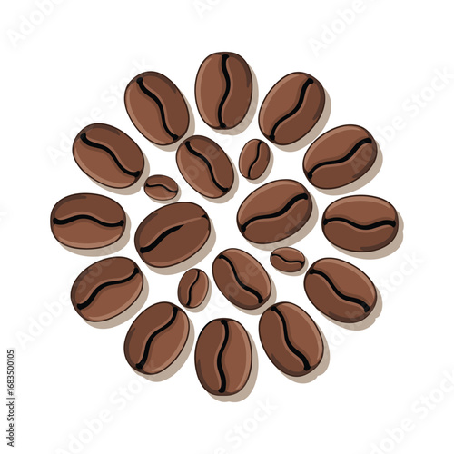 Arrangement of realistic coffee beans in a circular pattern on a white background