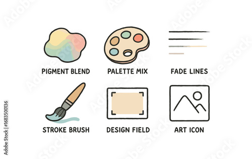 hand drawn cute doodle style line isolated on white background: pigment blend palette mix fade lines stroke brush design field art icon