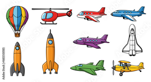 Vector SVG Illustration Set of Colorful Aircraft and Hot Air Balloon in Flat Modern Style for Web and Digital Usage