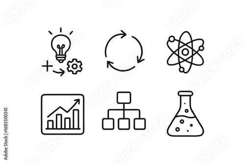 hand drawn cute doodle style line isolated on white background: synthesis flow arrows atom bonds chart box structure lab flask
