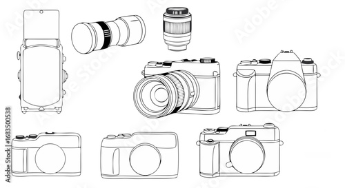 Vector SVG Illustration of Multiple Camera Icons in Modern Flat Style with Line Art Detailing