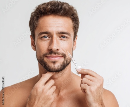 A man applies facial serum, showcasing healthy skin and a neutral expression against a simple backdrop.