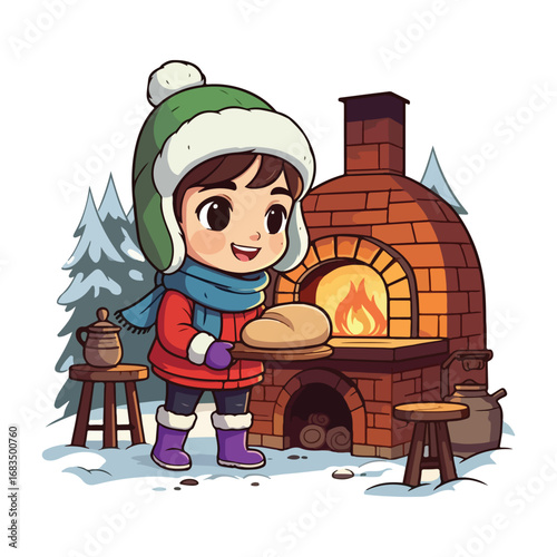 Funny vector cartoon illustration of a little boy with a hat holding a basket of food in the winter snow
