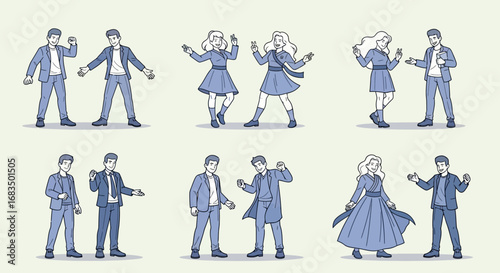 Illustrations depicting various interactions between men and women, showcasing different poses.