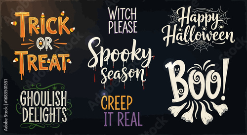 Festive Halloween-themed text designs featuring phrases like "Trick or Treat" and "Spooky Season" on a dark background.