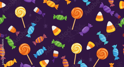 Halloween candy pattern with lollipops, hard candies, and candy corn on a dark purple background.