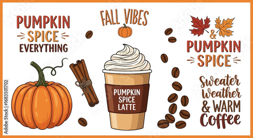 A collection of autumn-themed illustrations featuring pumpkins, coffee, and fall-related text elements.