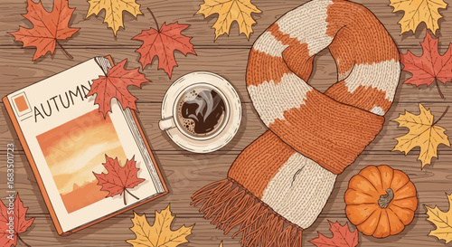 Cozy autumn scene with a book, coffee, scarf, pumpkin, and falling leaves arranged on a wooden surface.