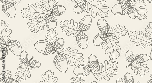 A repeating pattern of hand-drawn acorns and oak leaves on a light beige background.