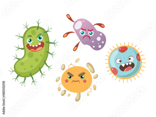 Funny characters probiotics protect against viruses and bacteria isolated cartoon emojies. Vector flat cartoon bacillus, epidemic cells, bad influenza. Bacterium microbes, microorganism infections