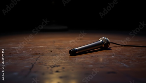 The microphone lies abandoned on the scuffed wooden floor of the stage, its gleaming silver body catching the dim stage lights in a melancholic dance of shadows and reflections