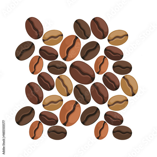 A scattered arrangement of richly roasted coffee beans on a white background