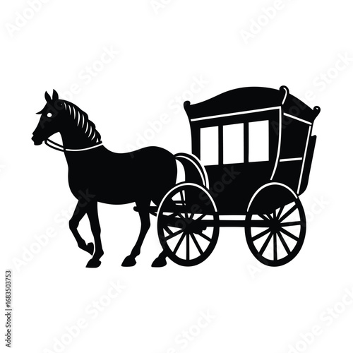 Black silhouette of a horse pulling a carriage walking