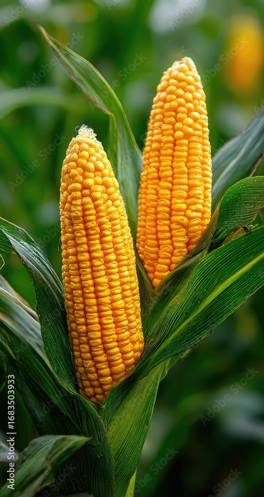 Obraz premium Two ripe corn cobs nestled in vibrant green leaves (2)