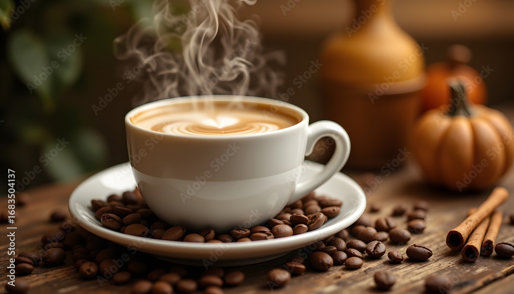 Fototapeta premium A cup of coffee is a warm, comforting beverage made from freshly brewed coffee beans and either milk or cream. The aroma of coffee fills the air, creating a cozy and inviting atmosphere