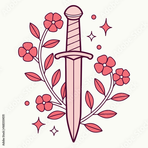 Vector art of a stylized pink dagger surrounded by a floral wreath and sparkling stars, isolated on a light cream background