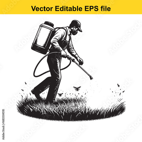 Farmer spraying pesticide on grass with backpack sprayer, vector illustration