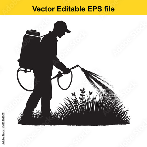 Silhouette of a person spraying pesticides on grass, isolated on white background