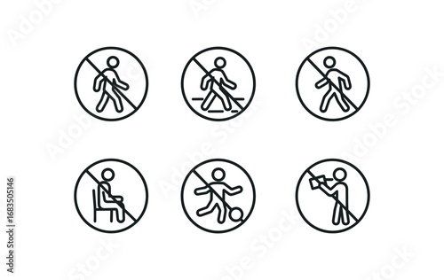 simple outline stroke icon 8 different no pedestrians no crossing no jaywalking no sitting no playing no vendors no leaflets no street performers isolated on white background