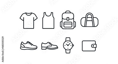 simple outline stroke icon 8 different no loose items no hats no coins no flip flops no eyewear no scarves no bulky clothing no dangling items isolated on white background