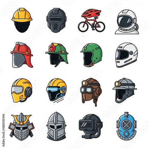 Vector set of 16 helmet head icons in flat style