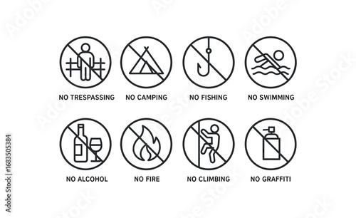 simple outline stroke icon 8 different no trespassing no camping no fishing no swimming no alcohol no fire no climbing no graffiti isolated on white background