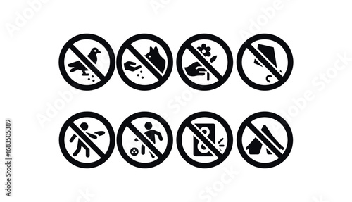flat black solid icon 8 different items no feeding birds no feeding animals no picking flowers no kites no frisbees no ball games no loud music no tents isolated on white background