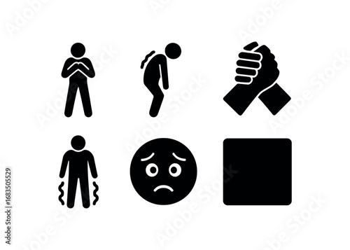 flat black solid icon items isolated on white background: anxious stance hunched shoulders tight grip shaky legs worried face dark