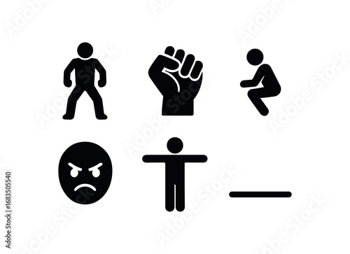 flat black solid icon items isolated on white background: tense stance clenched fist bent knees furrowed brow stiff arms shadow line