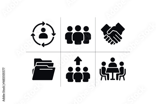 flat black solid icon items isolated on white background: shared work circle people icons joined hands folder pile teamwork arrow group desk