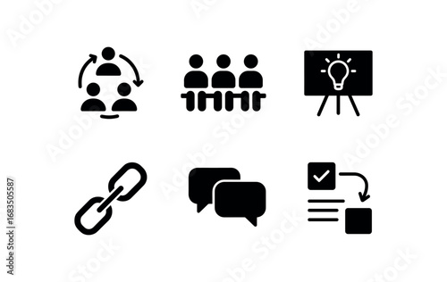 flat black solid icon items isolated on white background: collaboration circle figures seated idea board chain links chat bubbles shared task