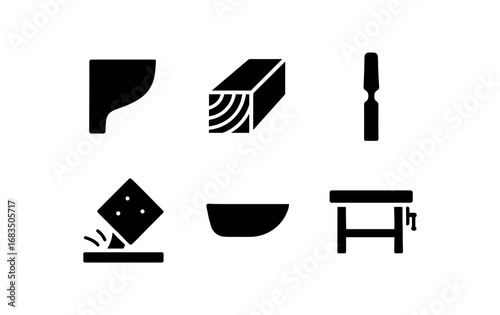 flat black solid icon items isolated on white background: boat stern shaper timber chisel sanding edge hull base workbench