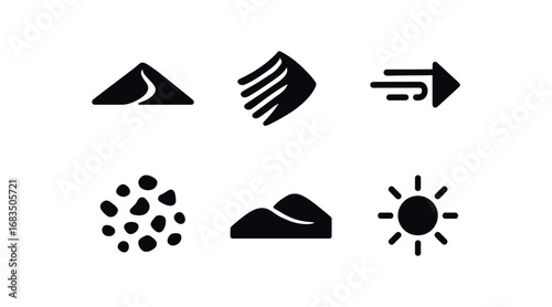 flat black solid icon items isolated on white background: sand dune crest rippled ridge wind arrow dry grains desert base sun glow