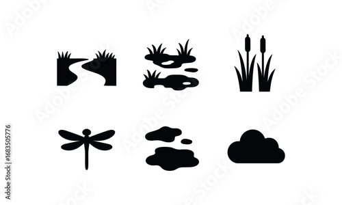 flat black solid icon items isolated on white background: river meadow soggy ground reed stalks dragonfly mud patches cloudy sky