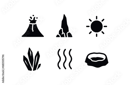 flat black solid icon items isolated on white background: volcanic tower basalt spire red glow sharp edges steam rise crater line