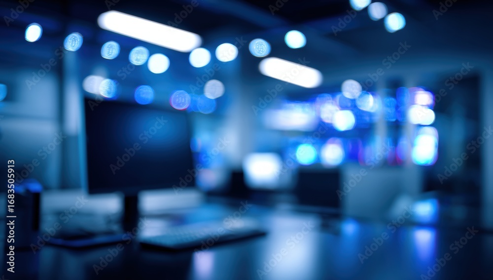 Fototapeta premium Blurred interior office scene with blue lighting